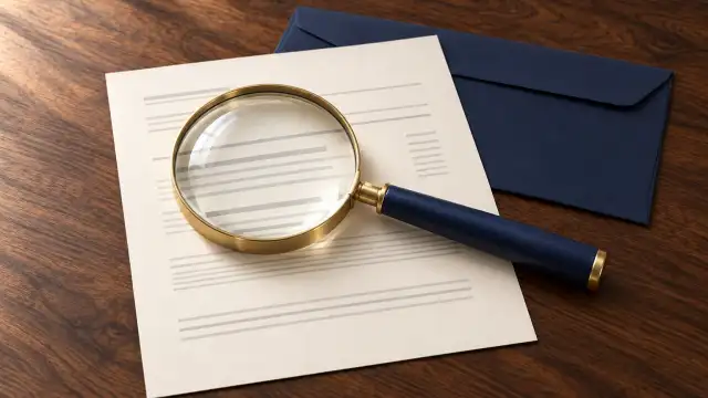 Cena ilustrativa de certificado de antecedentes com uma lupa e um envelope azul.