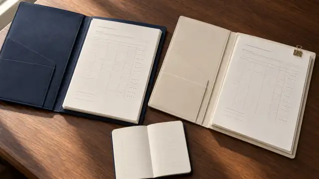 Cena ilustrativa de documentos previdenciários com pastas e um caderno de registros.