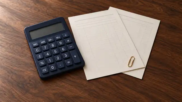 Cena ilustrativa de comprovantes de renda com uma calculadora e folhas de registros.