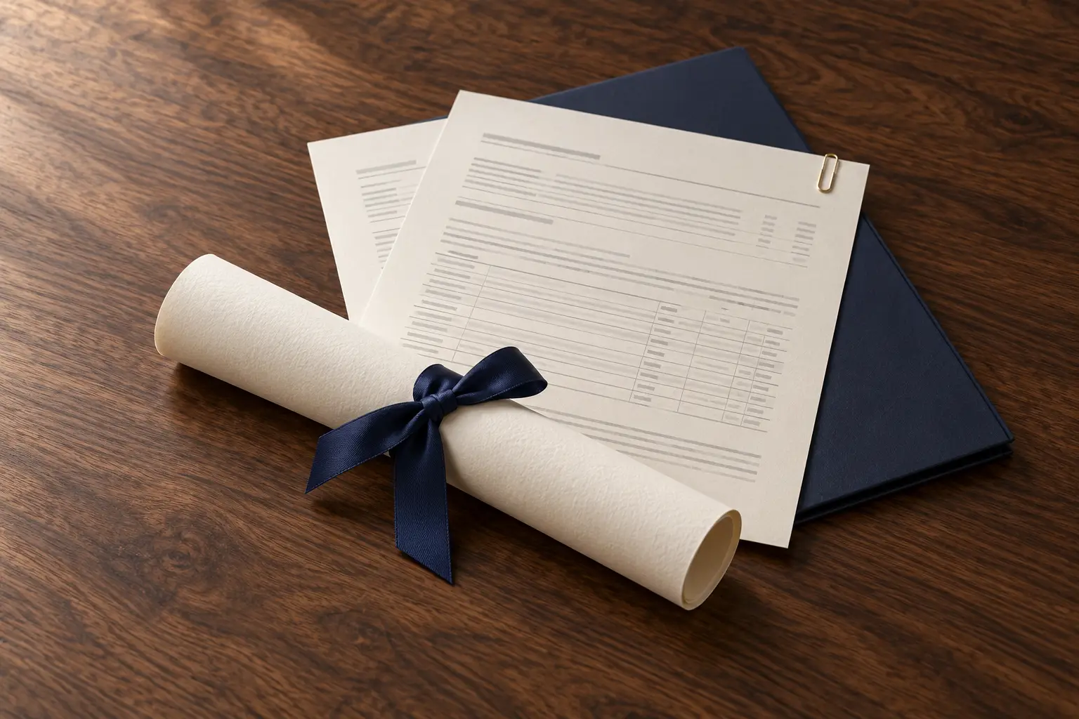 Diploma enrollado con cinta azul y hojas ilustrativas de un expediente académico sobre una mesa de madera.