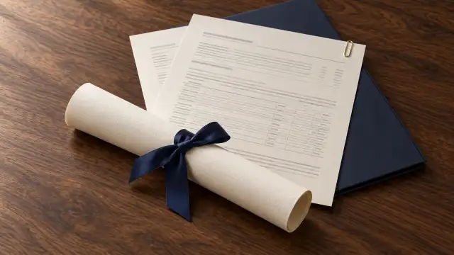Cena ilustrativa de diploma e histórico escolar sobre uma mesa.