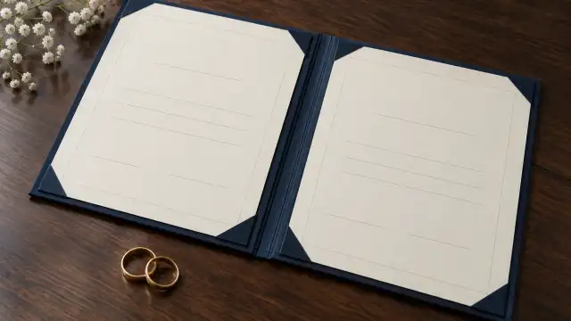 Cena ilustrativa de certidão de casamento com alianças e uma pasta azul.