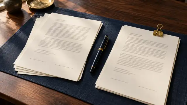 Cena ilustrativa de contratos com duas vias de documentos e uma caneta.