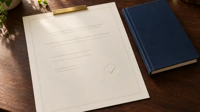 Cena ilustrativa de certidão negativa de débitos com uma folha e um livro de registros.
