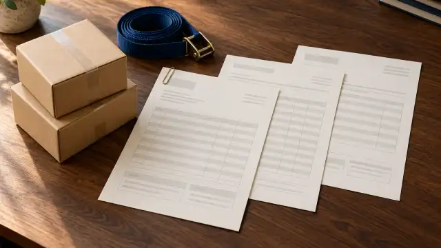 Cena ilustrativa de documentos de exportação com fatura, lista de volumes e caixas.