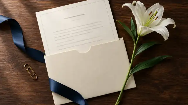 Cena ilustrativa de certidão de óbito com um lírio branco e documentos.