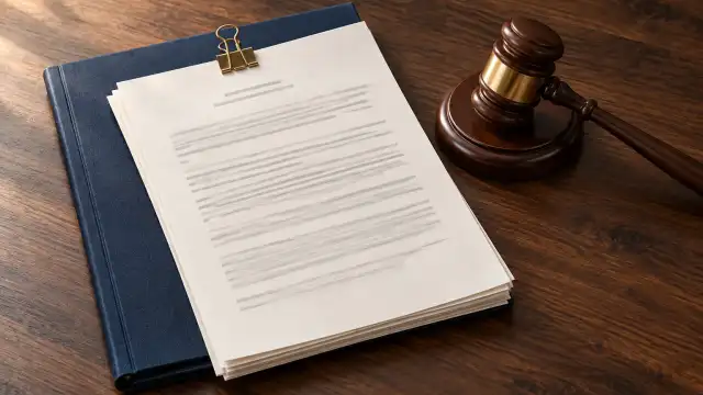 Cena ilustrativa de sentença judicial com folhas de processo e martelo de juiz.
