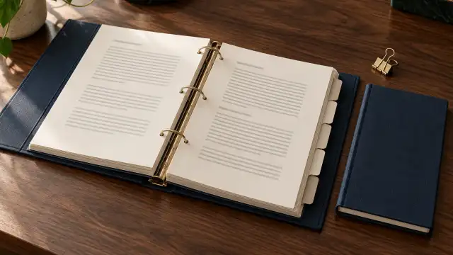 Cena ilustrativa de documentos societários em um fichário azul com divisórias.