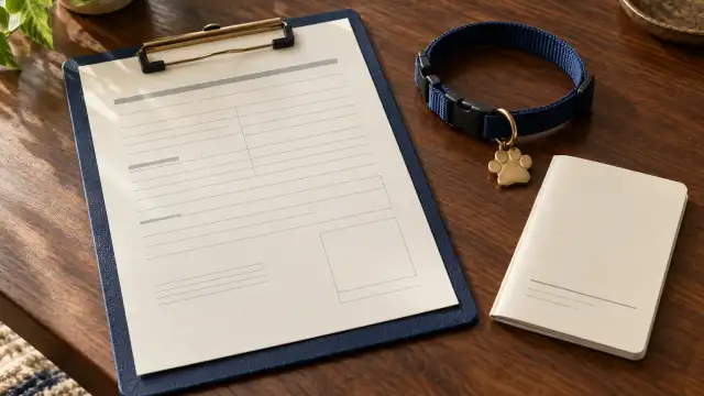 Cena ilustrativa de certificado zoossanitário com documento, caderneta e coleira.