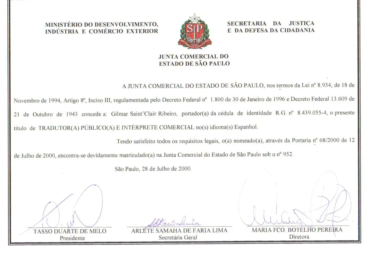 Registro de Gilmar Saint Clair Ribeiro na JUCESP, matrícula 952