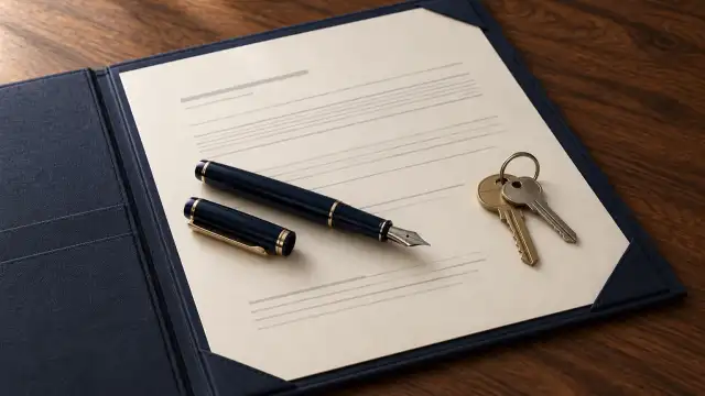 Cena ilustrativa de procuração com documento, caneta e chaves.